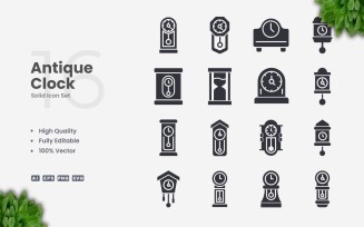 16 Antique Clock Solid Icon Set
