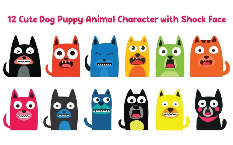 12 Cute Dog Puppy Animal Character with Happy Shock Face Illustration