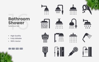 16 Bathroom Shower Solid Icon Set