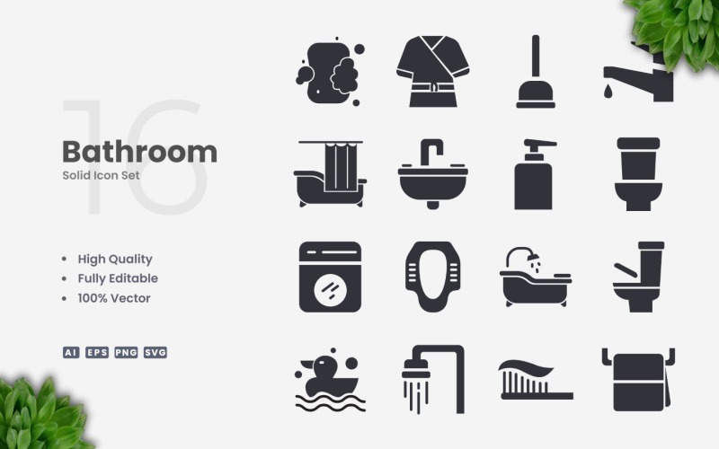 16 Bathroom Solid Icon Set
