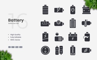 16 Battery Solid Icon Set