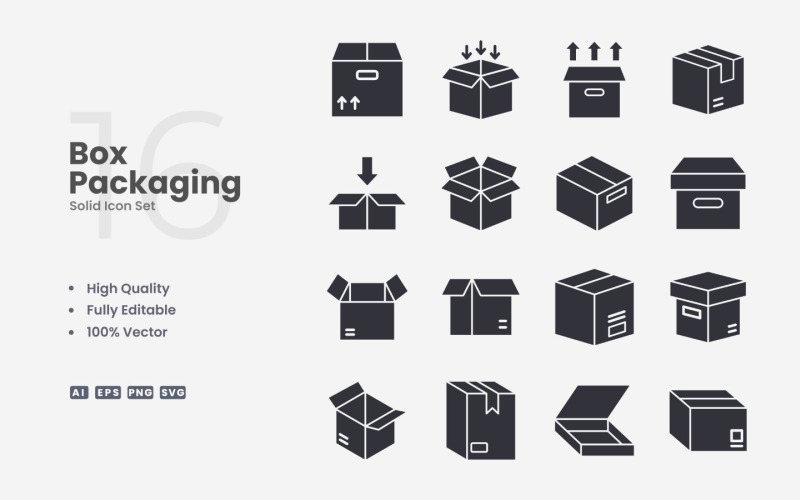 16 Box Packaging Solid Icon Set