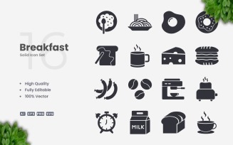 16 Breakfast Solid Icon Set