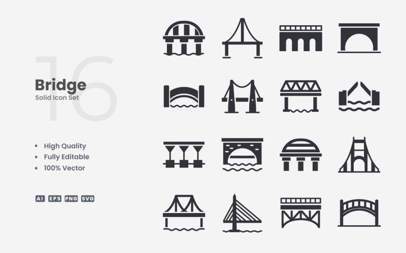 16 Bridge Solid Icon Collection Icon Set