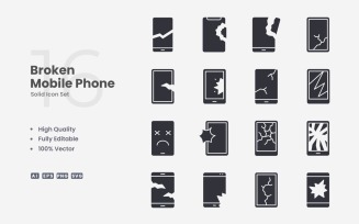 16 Broken Mobile Phone Solid Icon Set