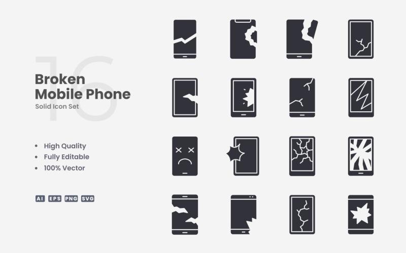 16 Broken Mobile Phone Solid Icon Set