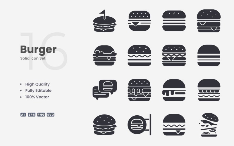 16 Burger Solid Icon Collection Icon Set