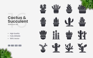 16 Cactus and Succulent Solid Icon Set