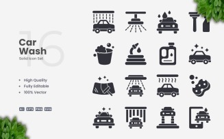 16 Car Wash Solid Icon Set