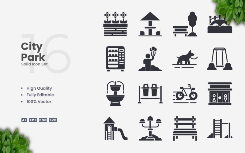 16 City Park Solid Icon Set