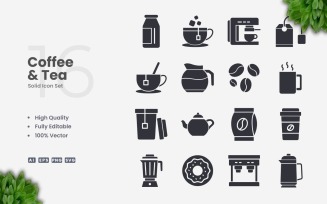 16 Coffee and Tea Solid Icon Set