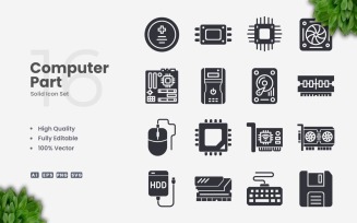 16 Computer Parts Solid Icon Set