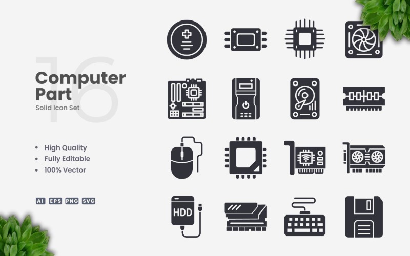 16 Computer Parts Solid Icon Set