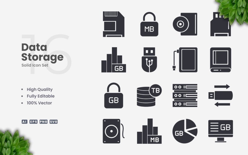 16 Data Storage Solid Icon Set
