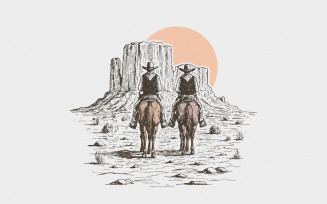 Trendy Western PNG Digital Download, Cowboy Desert Illustration, Retro Country Cowboy Design, Boho