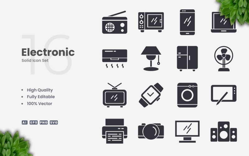 16 Electronic Solid Icon Set