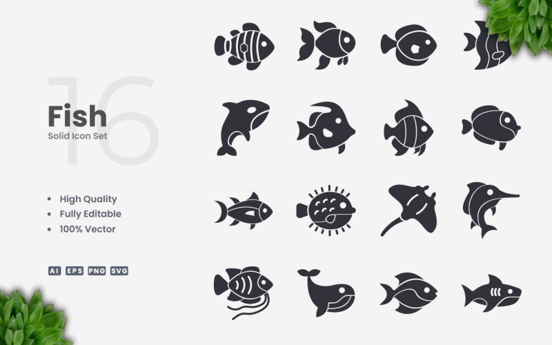 16 Fish Solid Icon Collection Icon Set