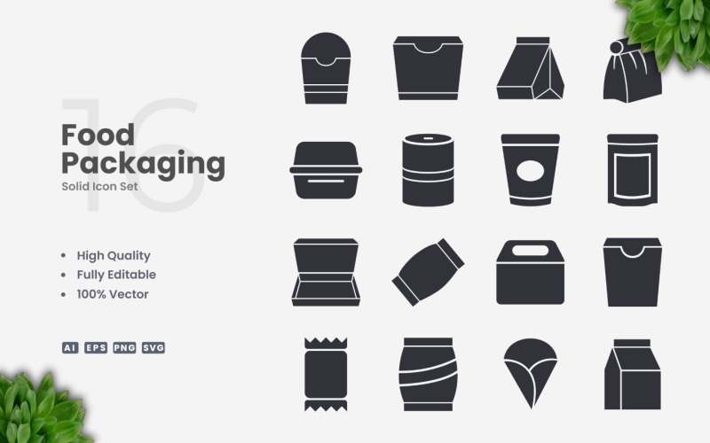 16 Food Packaging Solid Icon Set