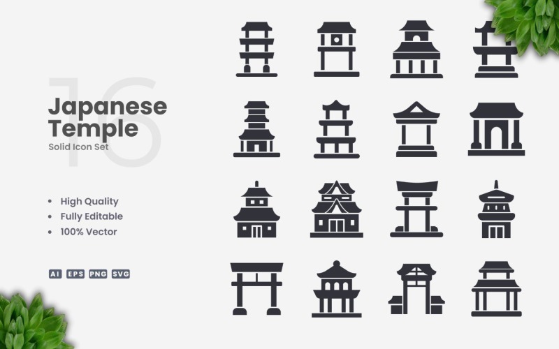 16 Japanese Temple Solid Icon Set