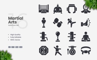 16 Martial Arts Solid Icon Set