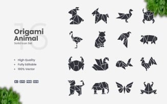 16 Origami Animal Solid Icon Set