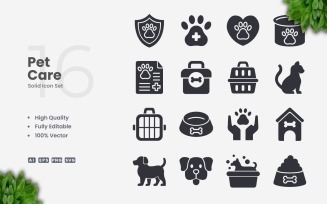 16 Pet Care Solid Icon Set
