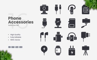 16 Phone Accessories Solid Icon Set