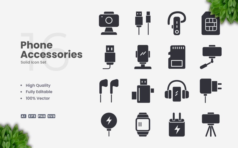 16 Phone Accessories Solid Icon Set
