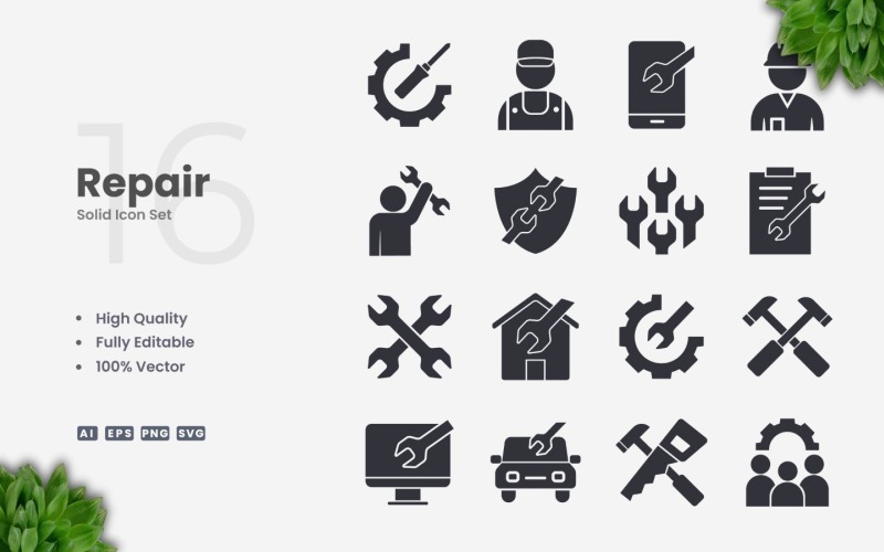 16 Repair Solid Icon Collection Icon Set