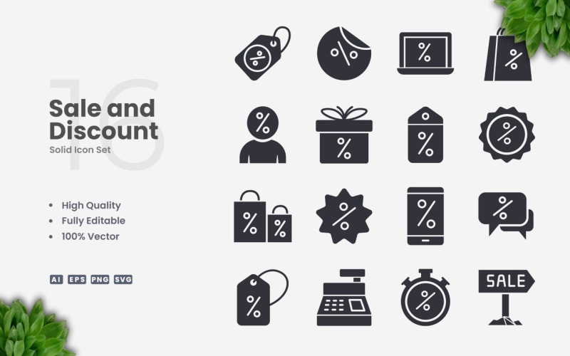 16 Sale and Discount Solid Icon Set