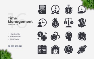 16 Time Management Solid Icon Set