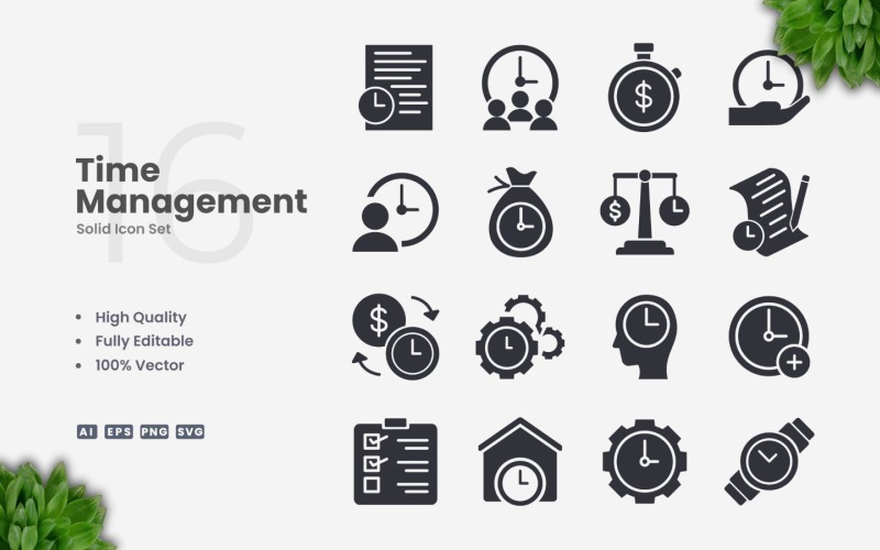 16 Time Management Solid Icon Set