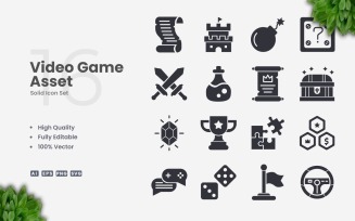 16 Video Game Asset Solid Icon Set
