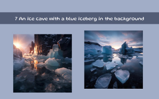 An ice cave with a blue iceberg in the background