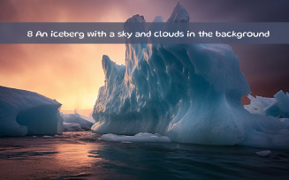 An iceberg with a sky and clouds in the background