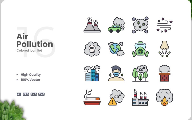 16 Air Pollution Color Icon Set