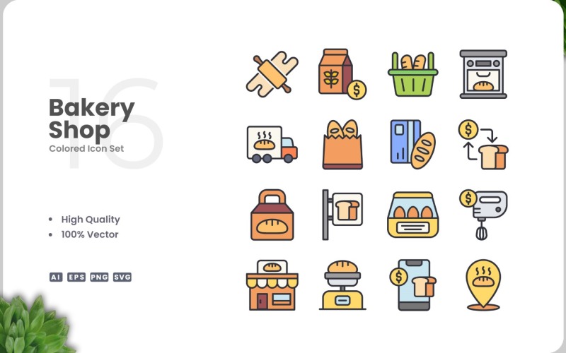 16 Bakery Shop Color Icon Set
