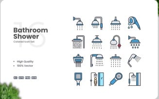 16 Bathroom Shower Color Icon Set