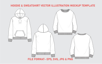 Long sleeve hoodie & Sewatshirt technical drawing vector illustration template