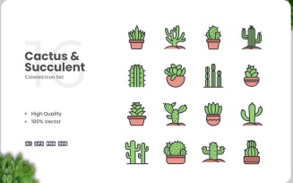 16 Cactus and Succulent Color Icon Set