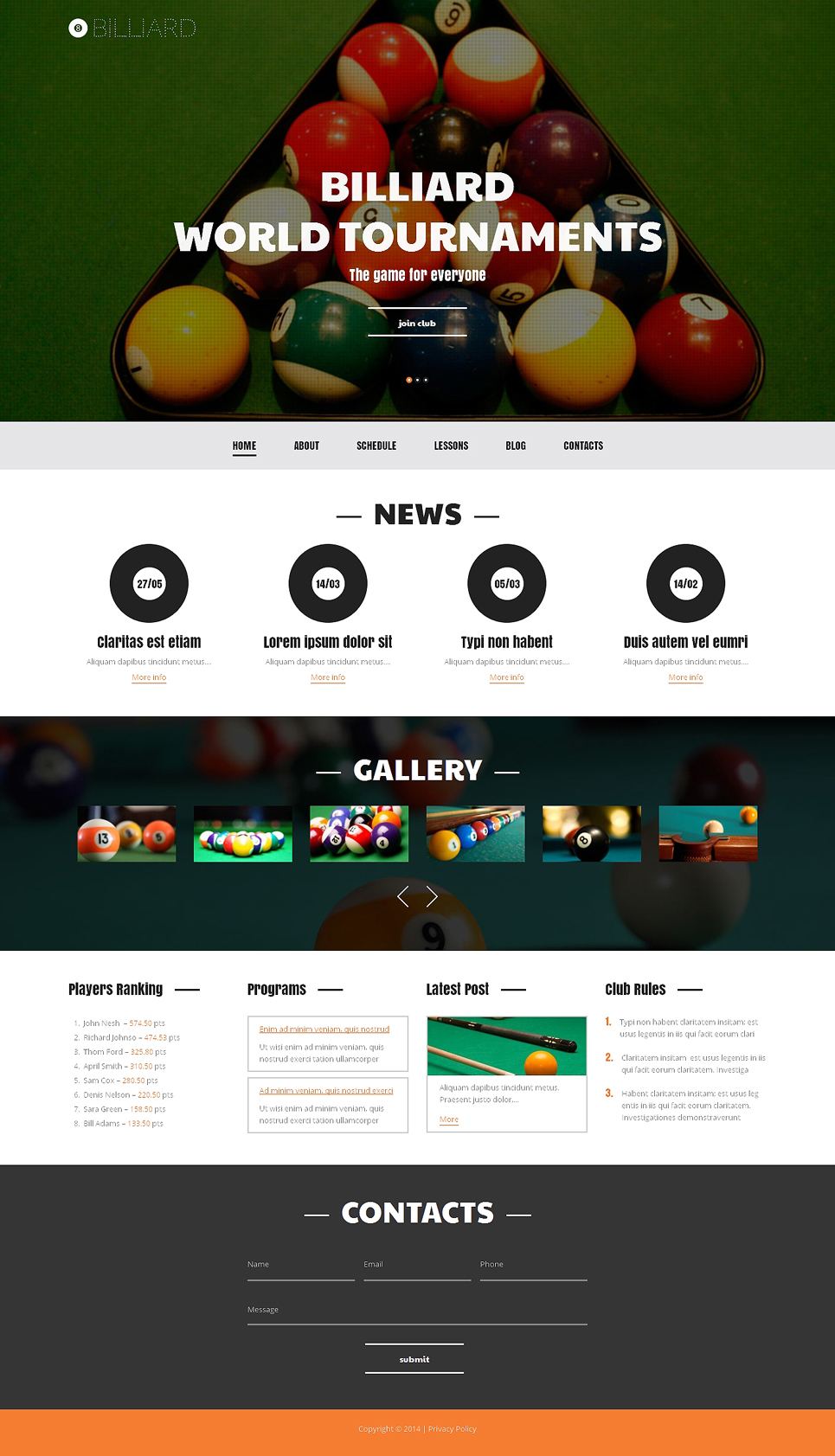 Billiard Club Tournaments WordPress Theme New Screenshots BIG