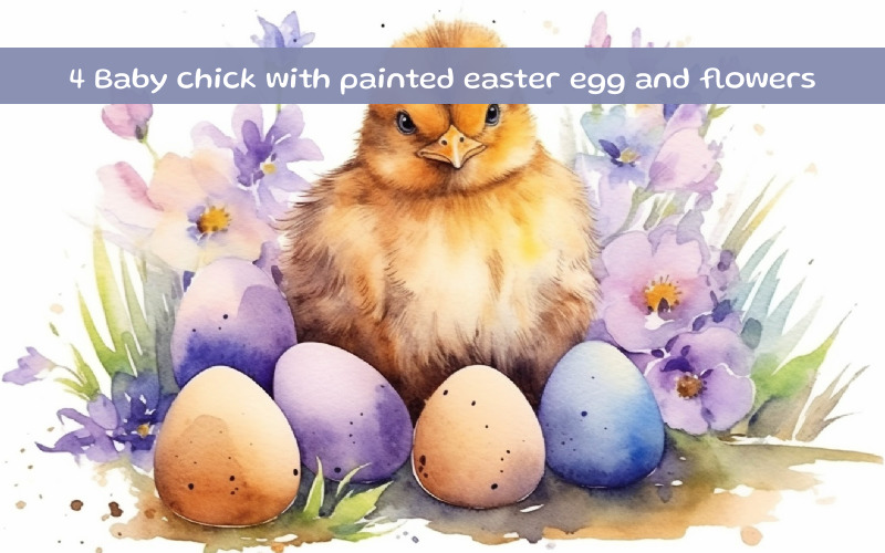 Baby chick with painted easter egg and flowers Background