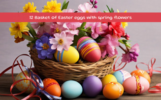Basket of Easter eggs with spring flowers
