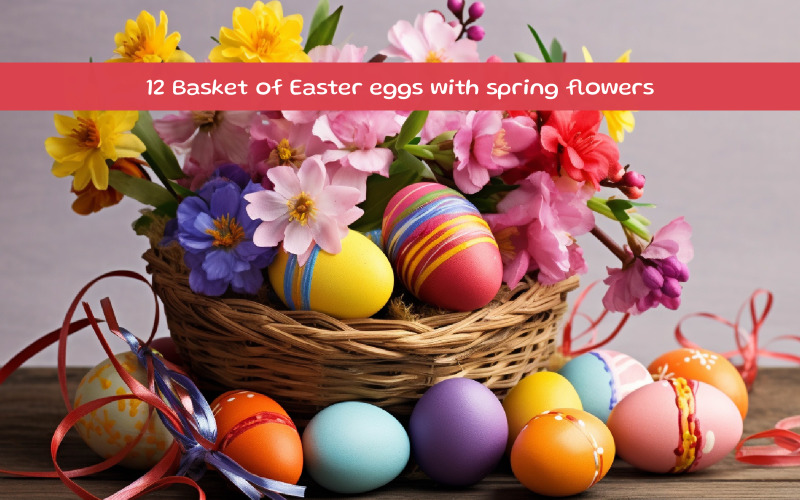 Basket of Easter eggs with spring flowers Background