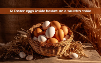 Easter eggs inside basket on a wooden table