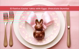 Festive Easter table with Eggs, Chocolate Bunnies