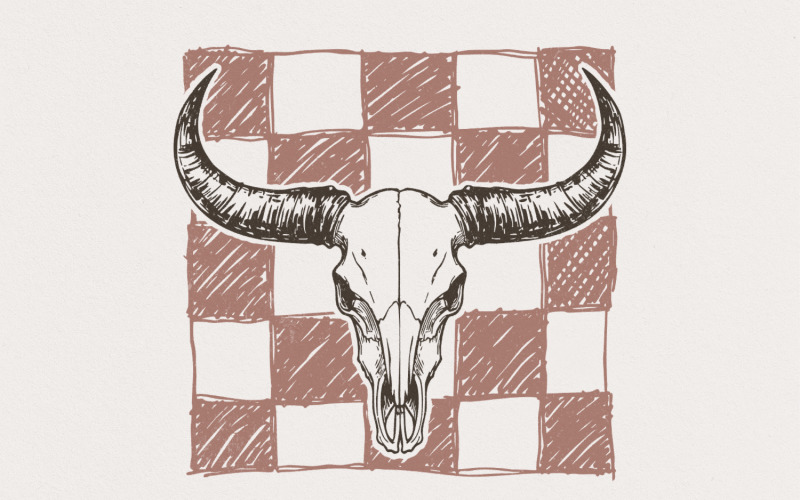 Checkered Longhorn Skull PNG, Western Bull Skull, Aztec Cow Skull, Digital Download, Country Illustration