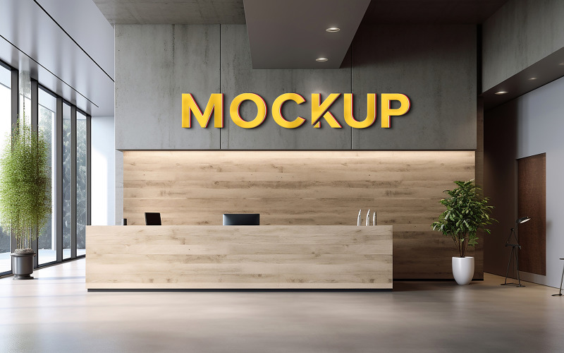 Golden 3d reception wooden wall logo mockup office inddor Product Mockup