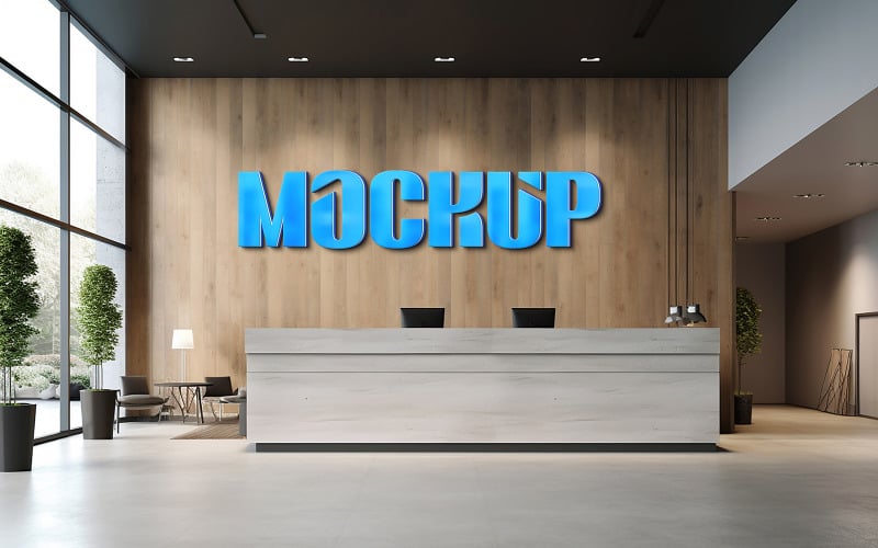 3d blue logo mockup indoor office wooden wall Product Mockup