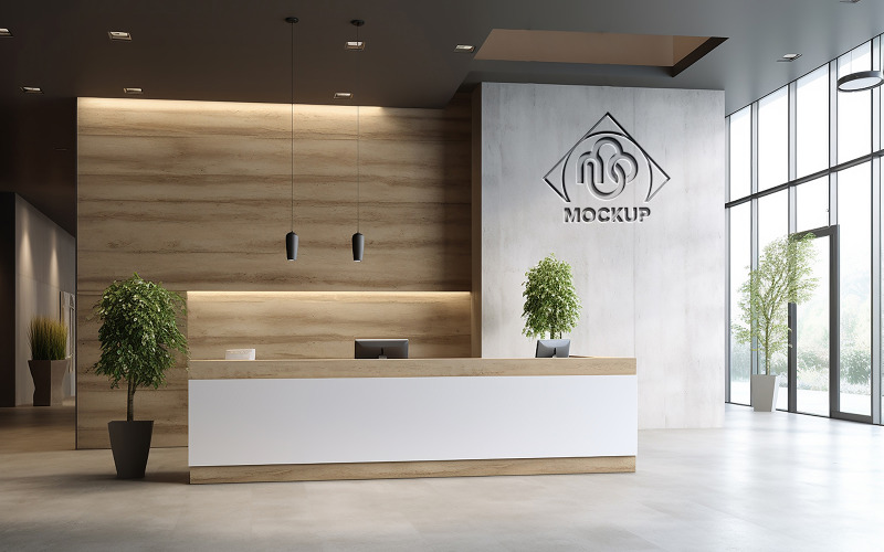 Office reception indoor wall debossed logo mockup psd Product Mockup